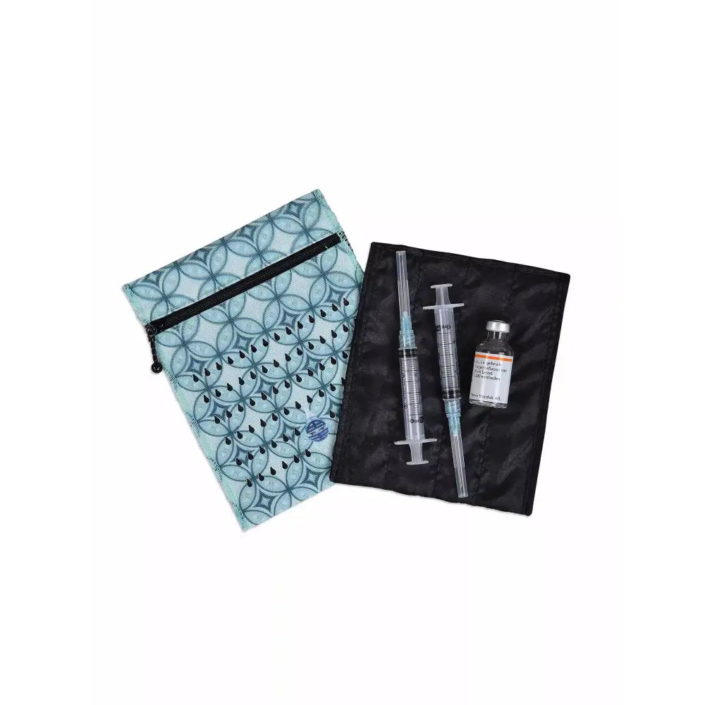 Insulin travel case cooling wallet for 4 insulin vials or eye drops with water evaporation technology, lightweight and reusable.