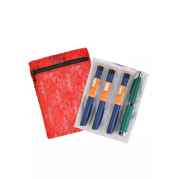 Red lace insulin cooling wallet with storage for 4 insulin pens, compact and stylish.