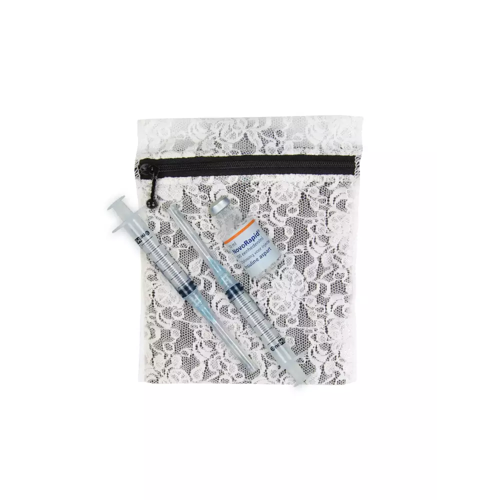 Insulin cooling wallet in lace design, holding insulin vials and syringes.