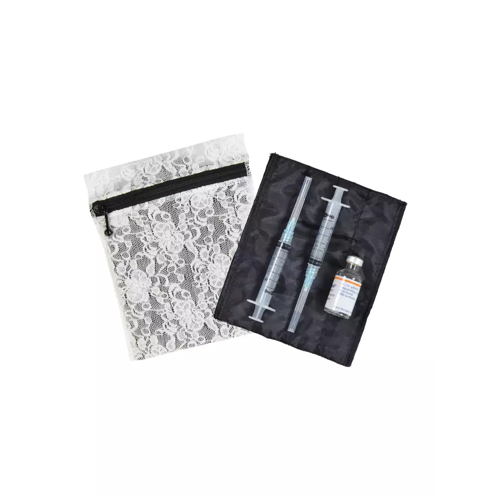 Insulin cooling wallet in lace design with syringe and vial compartments.