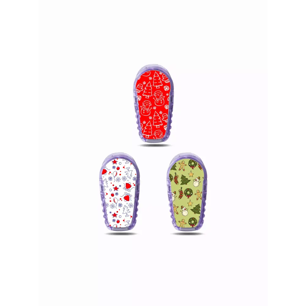 Three colorful patterned baby shoes showcasing Dexcom G6 Stickers for Christmas 2024