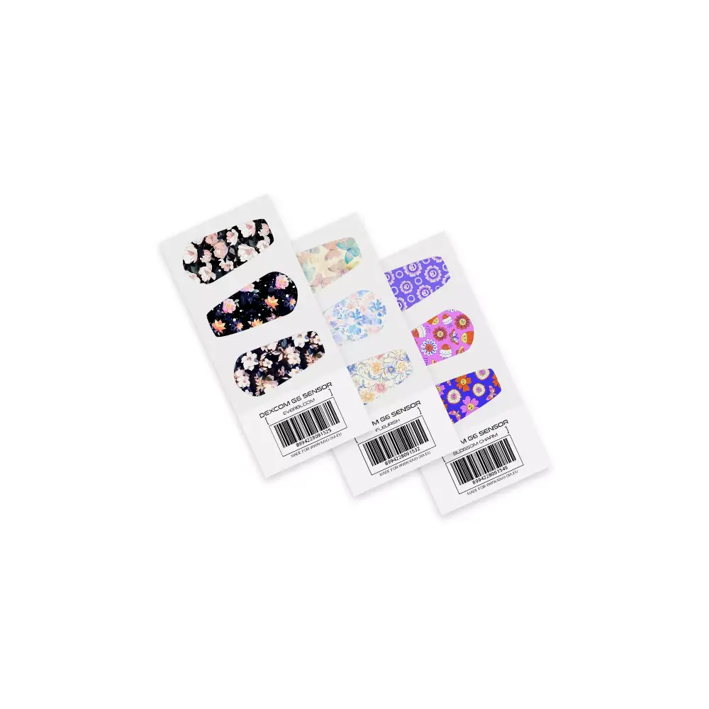 Dexcom Stickers Spring Edition 2025 featuring floral, pastel, and bold patterns on vinyl-laminated sheets.