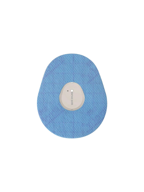 Dexcom G7 drop shape patch in blue solid color, breathable adhesive overpatch to help support sensor wear