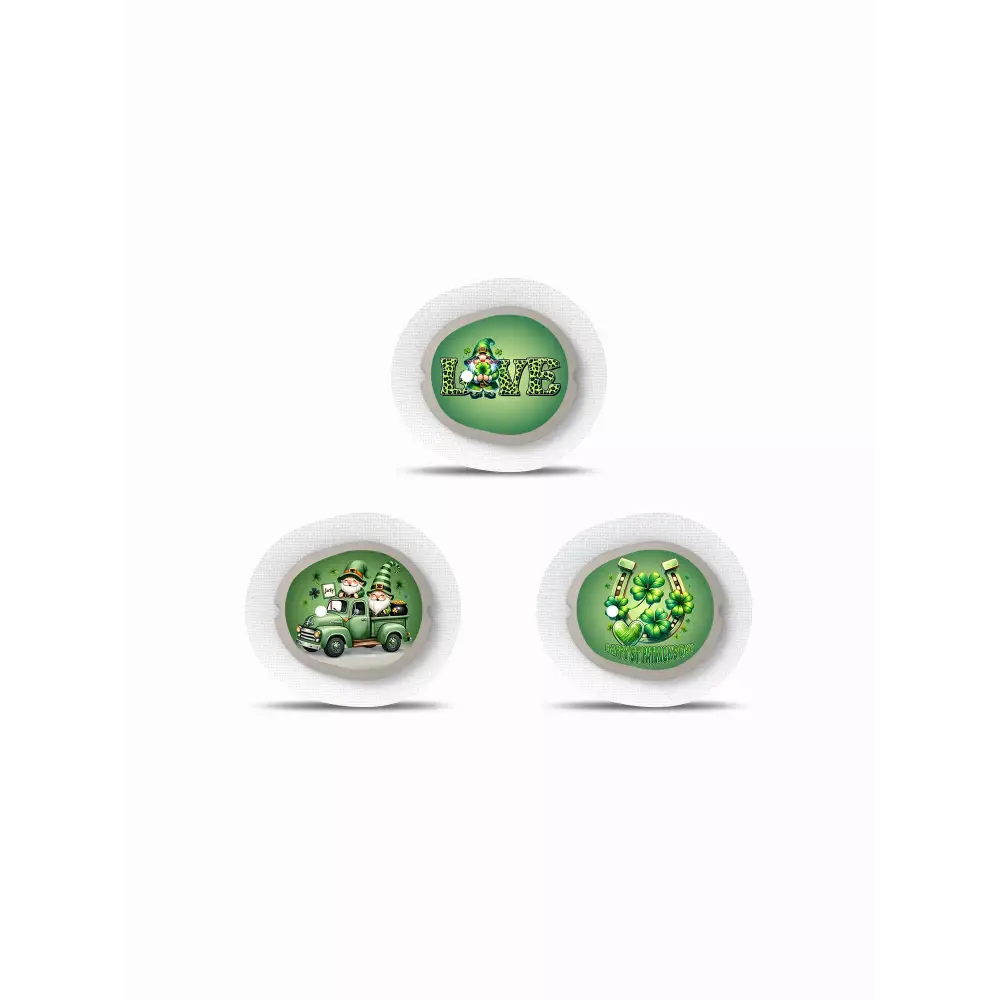St. Patrick's Day Dexcom G7 sensor stickers with festive designs.