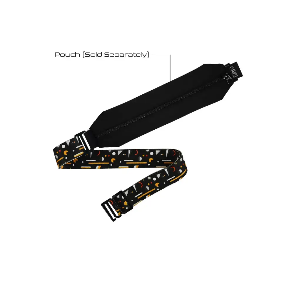 Adjustable belt for insulin pump pouches with black strap and colorful design, shown with a separate pouch.