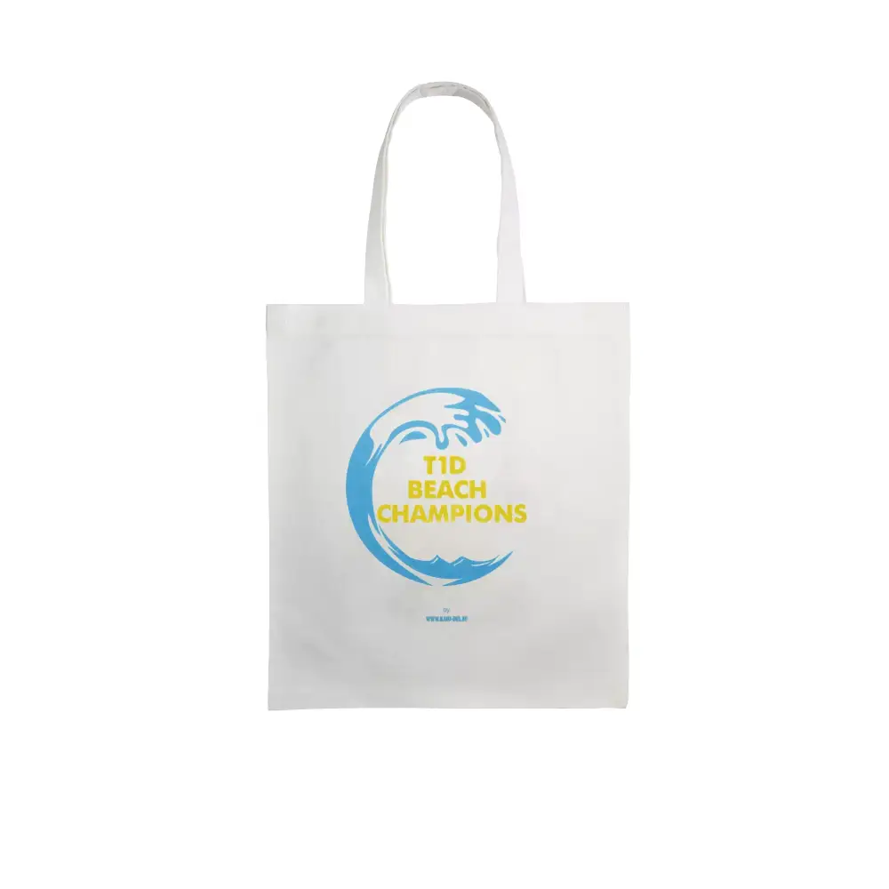 Diabetes Awareness Bag Kaio-Tote Bag Summer 2024 with T1D Beach Champions design, durable white fabric, comfortable straps.
