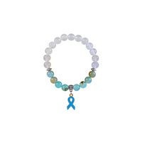 Diabetic bracelet with wooden beads and blue awareness charm for diabetes awareness.