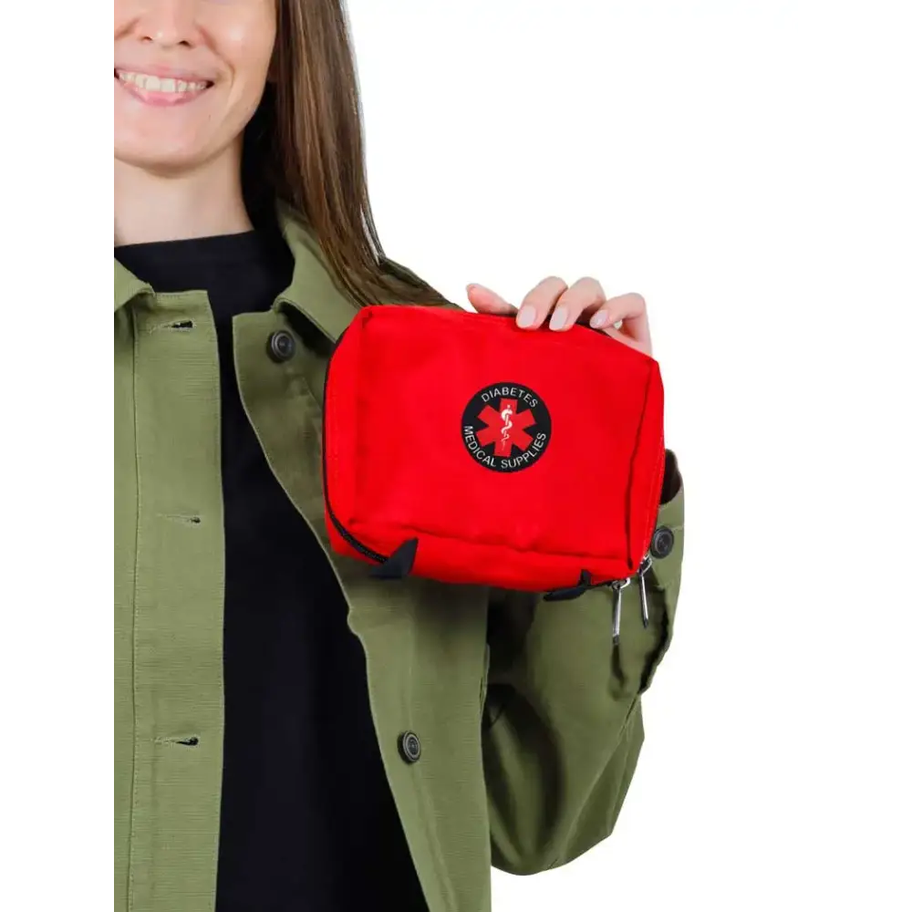 Viking-themed diabetes awareness iron-on patch displayed on a red medical supply bag.