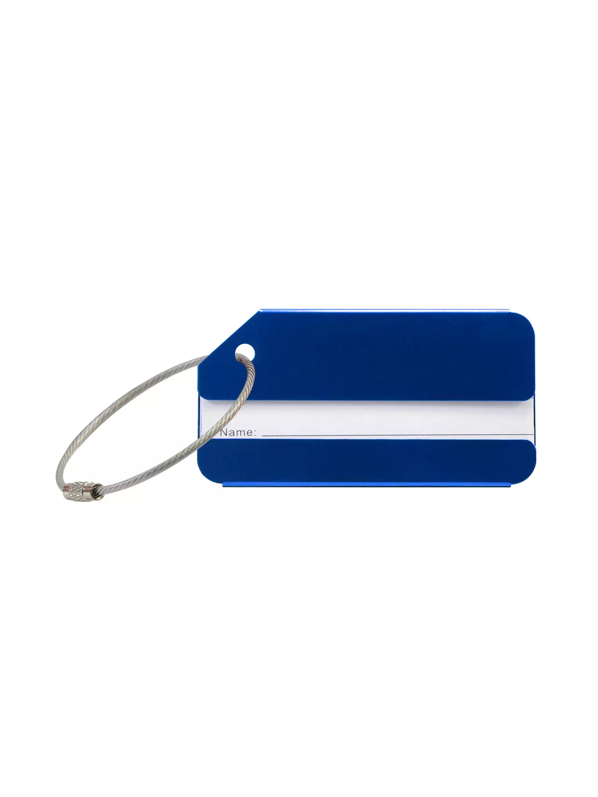 Back of a blue luggage tag with a slot for personal details, showing only 'Name:' field.