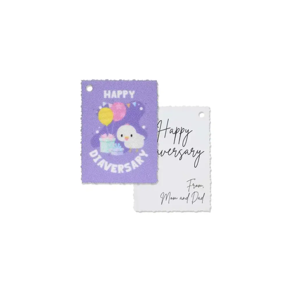 Diaversary gift tags with colorful illustrations and customizable message space.