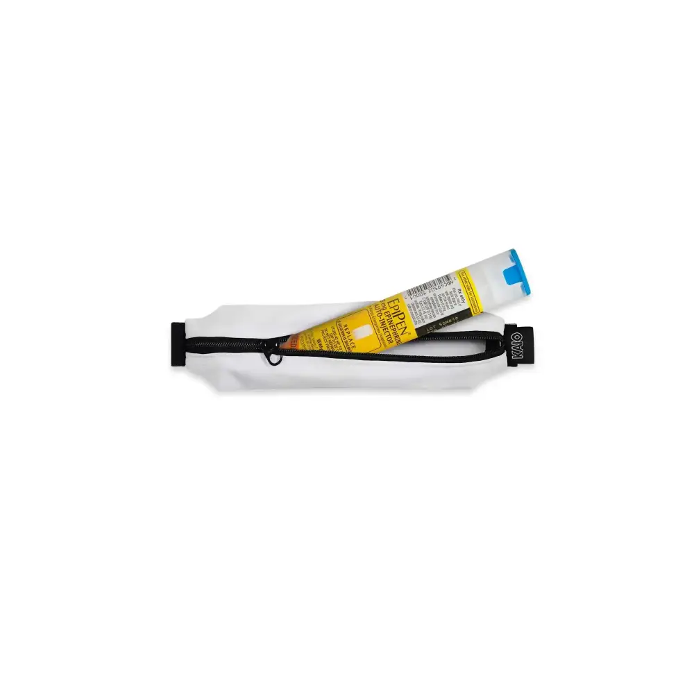 White extended insulin pen and diabetes supply holder pouch with black zipper and Epipen inside