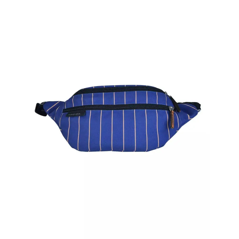 Blue striped fanny pack with insulin cooling system for diabetics.