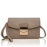 Taupe feminine leather shoulder bag for diabetics with detachable strap and secure clasp closure