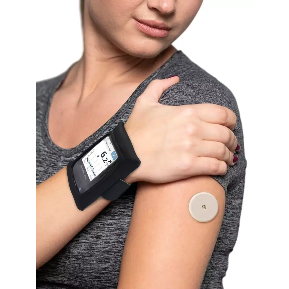 Freestyle Libre Reader Wrist Pouch with touchscreen window on wrist.