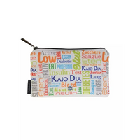 Zipper bag for diabetics with colorful text design, ideal for organizing glucose meter and supplies.