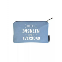 Zipper bag for diabetics with insulin message and compartments for glucose supplies.