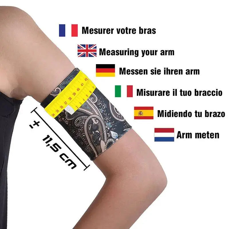 CGM armband in ethnic print for glucose sensor protection, measuring instructions in multiple languages.