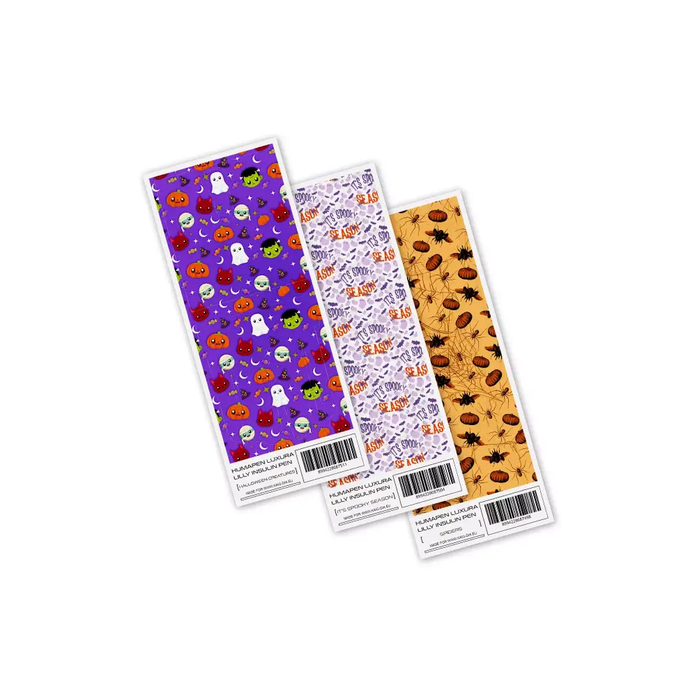 Humapen Luxura Stickers Sheets - Assorted designs including Halloween creatures, 'It's Spooky Season' text with bats, and spider web patterns on colorful backgrounds.