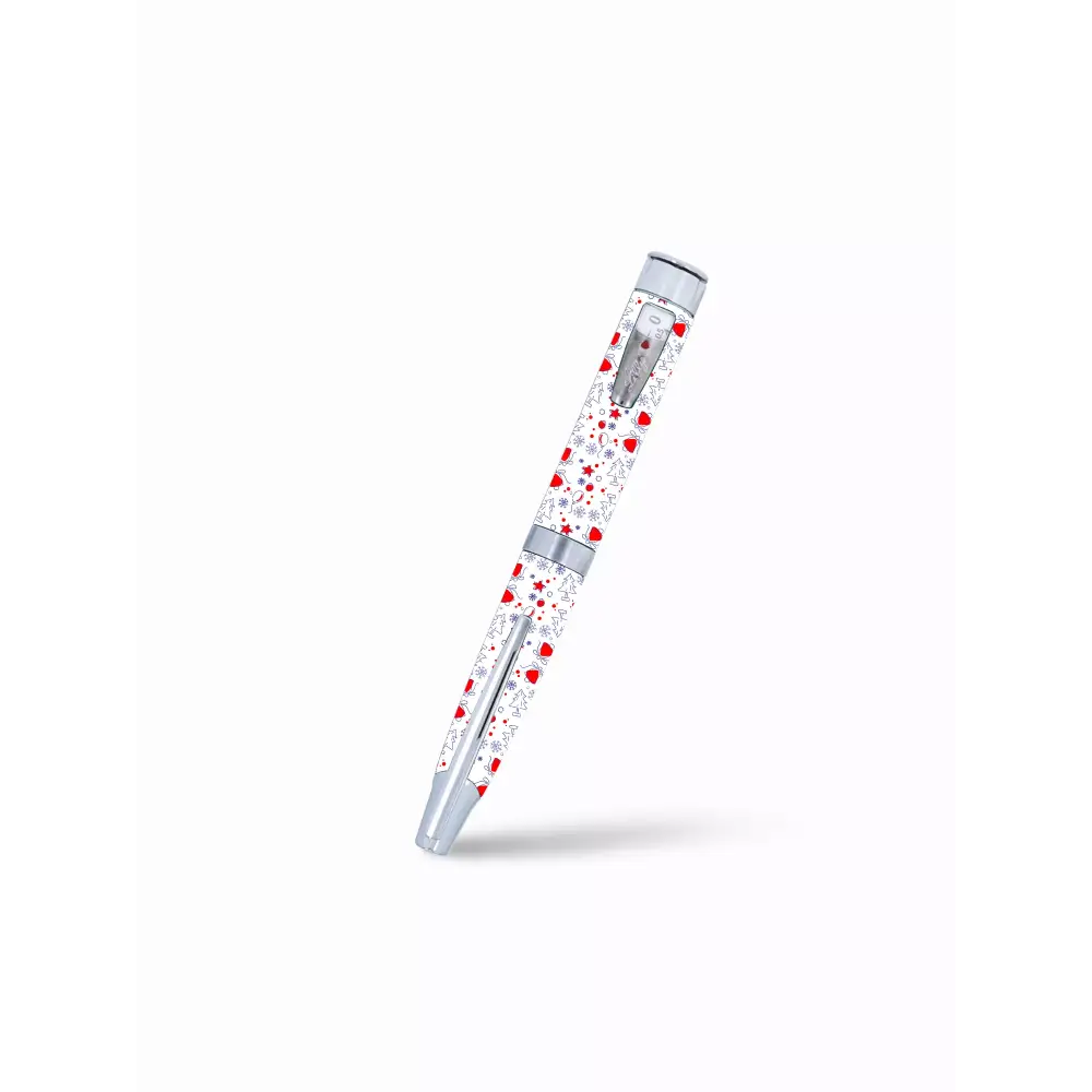 Transparent test tube with red particles, showcasing Christmas-themed stickers for diabetes management