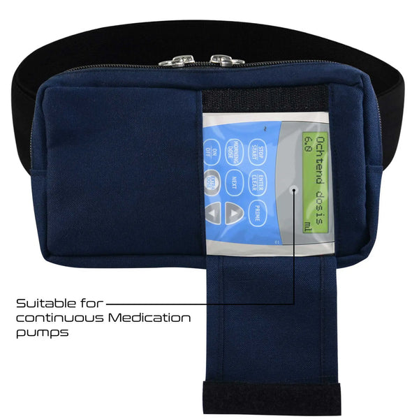 Black horizontal infusion pump bag with adjustable waist belt and clear display window for therapy pumps