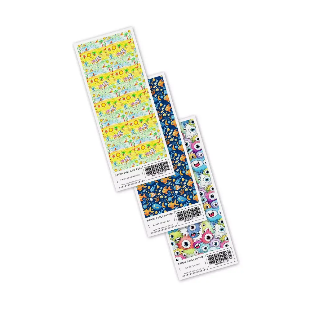 InPen insulin pen stickers CoolKids Edition with colorful playful designs.