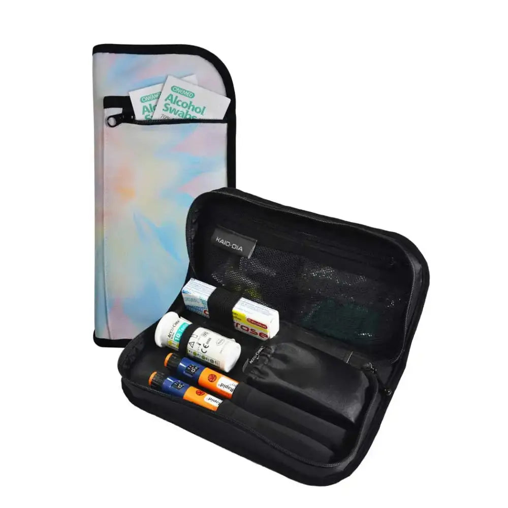 Diabetic travel case with insulin pen and glucose meter storage in summer vibes design.