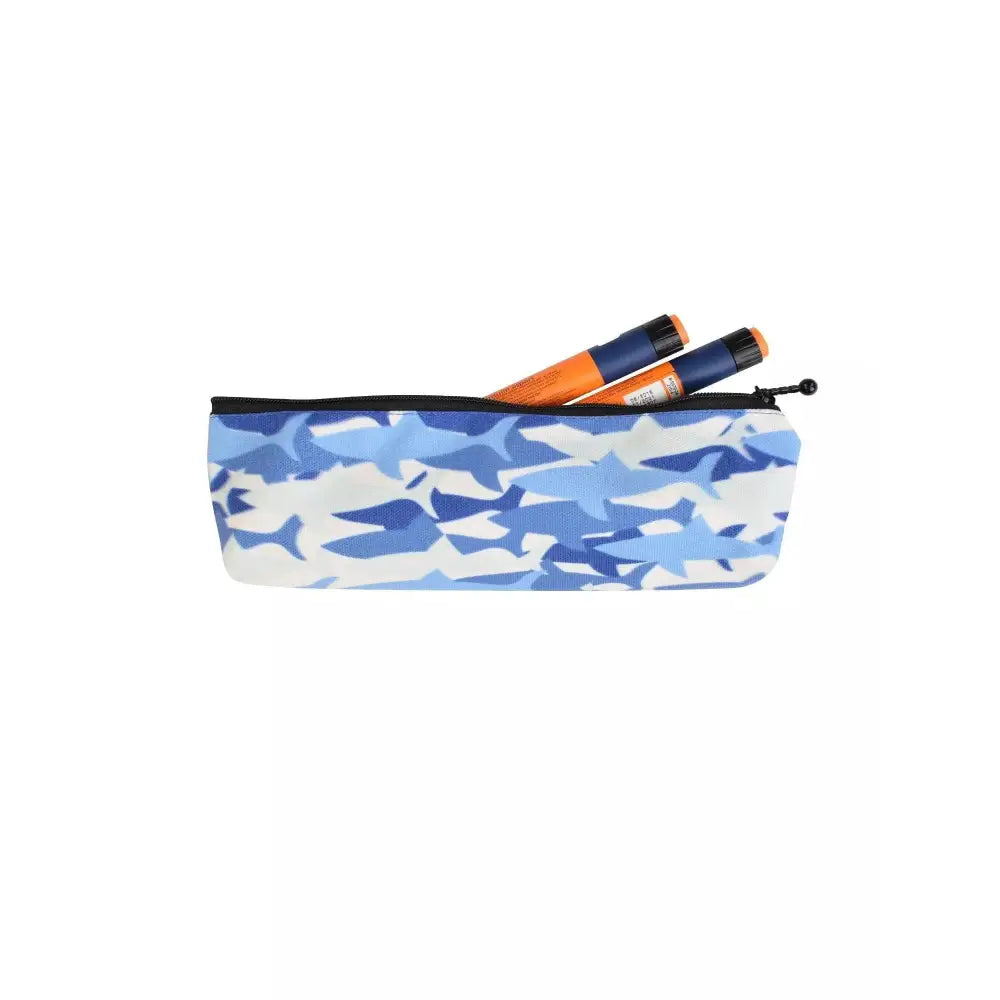 Insulin cooler travel case for children with blue fish design, holds insulin pens, compact and stylish.
