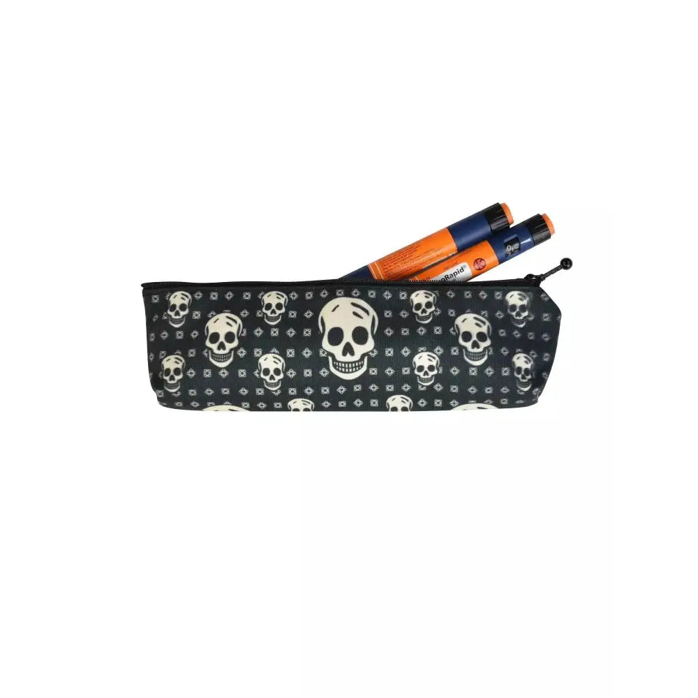 Insulin cooler travel case with skull design for children, holds insulin pens and keeps medication cool.