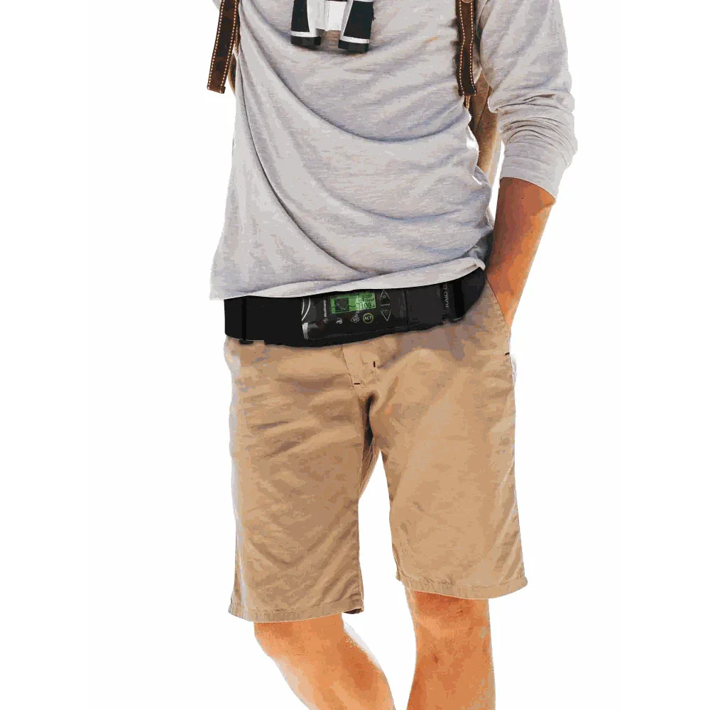 Insulin pump belt worn by a person, showcasing its secure fit and transparent window for easy monitoring, ideal for active lifestyles.