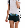 Insulin pump belt with transparent window for accessible monitoring, worn by person in casual attire.