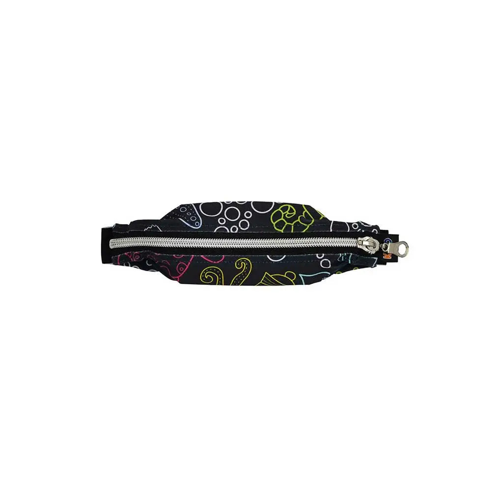 Wide insulin pump belly pouch with vibrant eco-friendly prints and durable zipper closure.