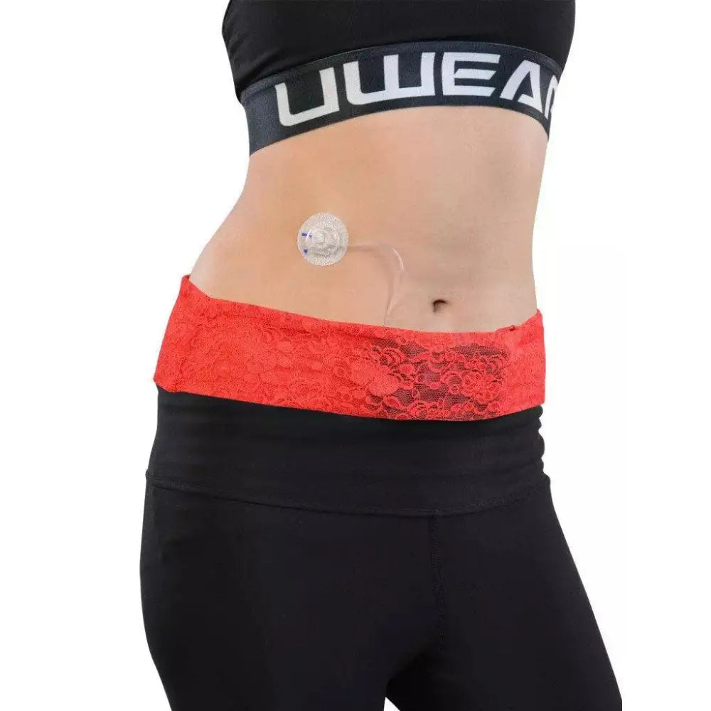 Insulin pump waist belt in red lace, providing comfort and style for women with type 1 diabetes.