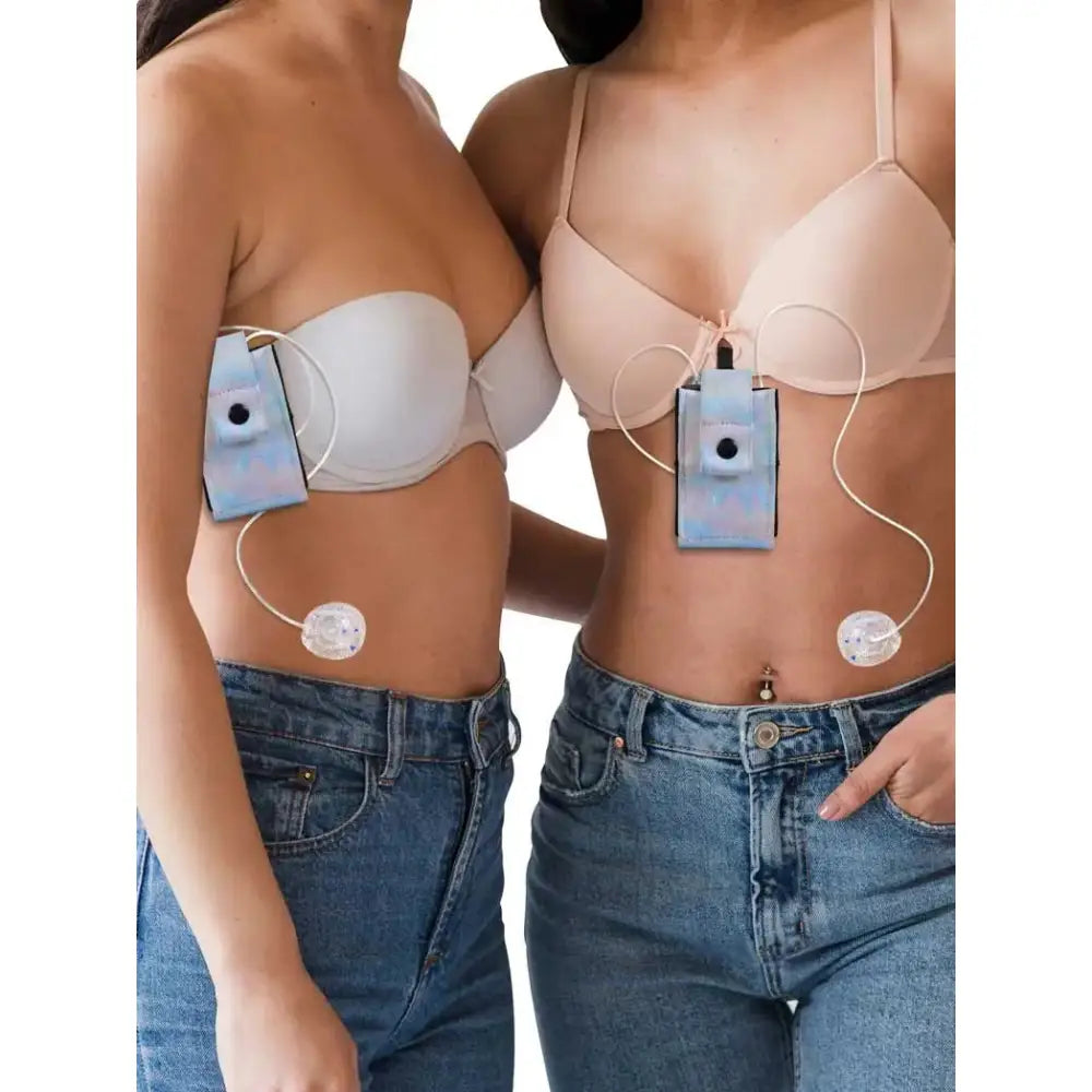 Insulin pump pouch with loop, carabiner, and strap, from the limited edition Summer Vibes Collection, shown in use.
