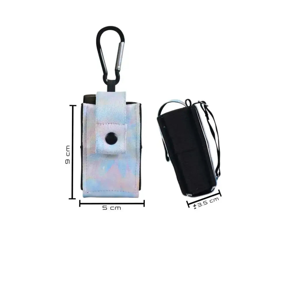 Insulin pump pouch with carabiner and strap in vibrant pop colors.