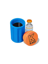 Kaio insulin vial protector with blue body and orange cap for safe daily insulin vial storage