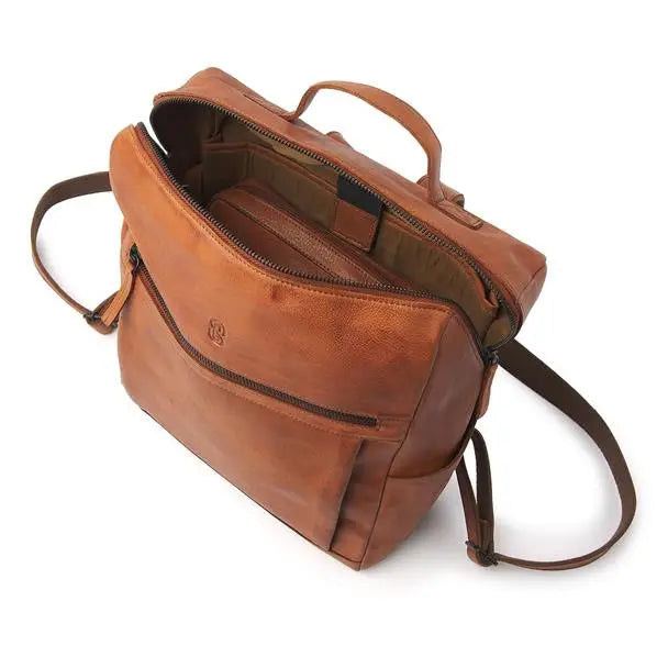 Leather diabetes backpack with secure compartments and adjustable straps, perfect for organizing medical essentials.
