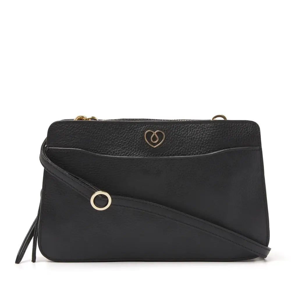Elegant black leather diabetic supplies shoulder bag with adjustable strap, designed for stylish organization and easy access to medical essentials.