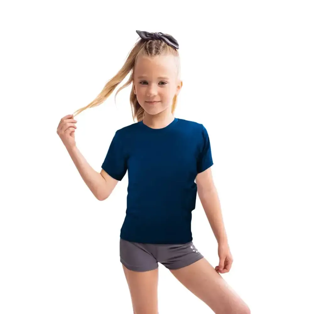 Insulin pump t-shirt for kids in blue with dual-sided pockets and soft fabric.