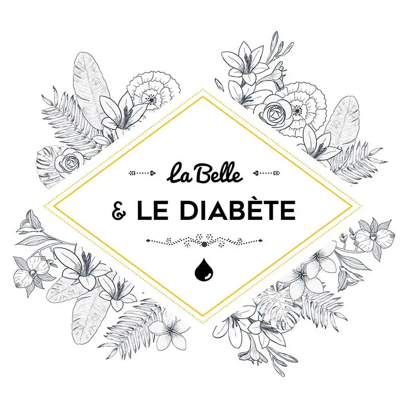 Logo "La Belle & Le Diabète" with a gold diamond frame and black and white floral illustrations. Immagine