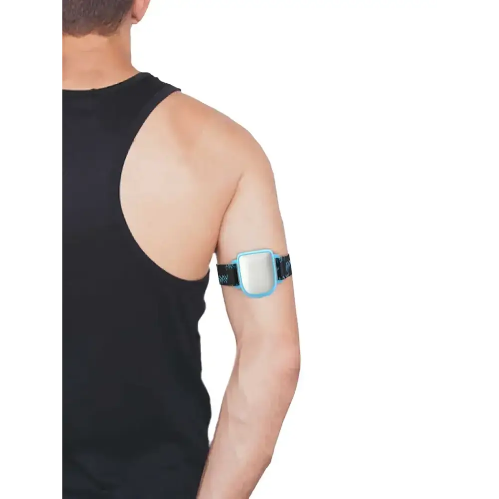 Omnipod insulin patch pump adjustable armband with blue clip worn on upper arm.