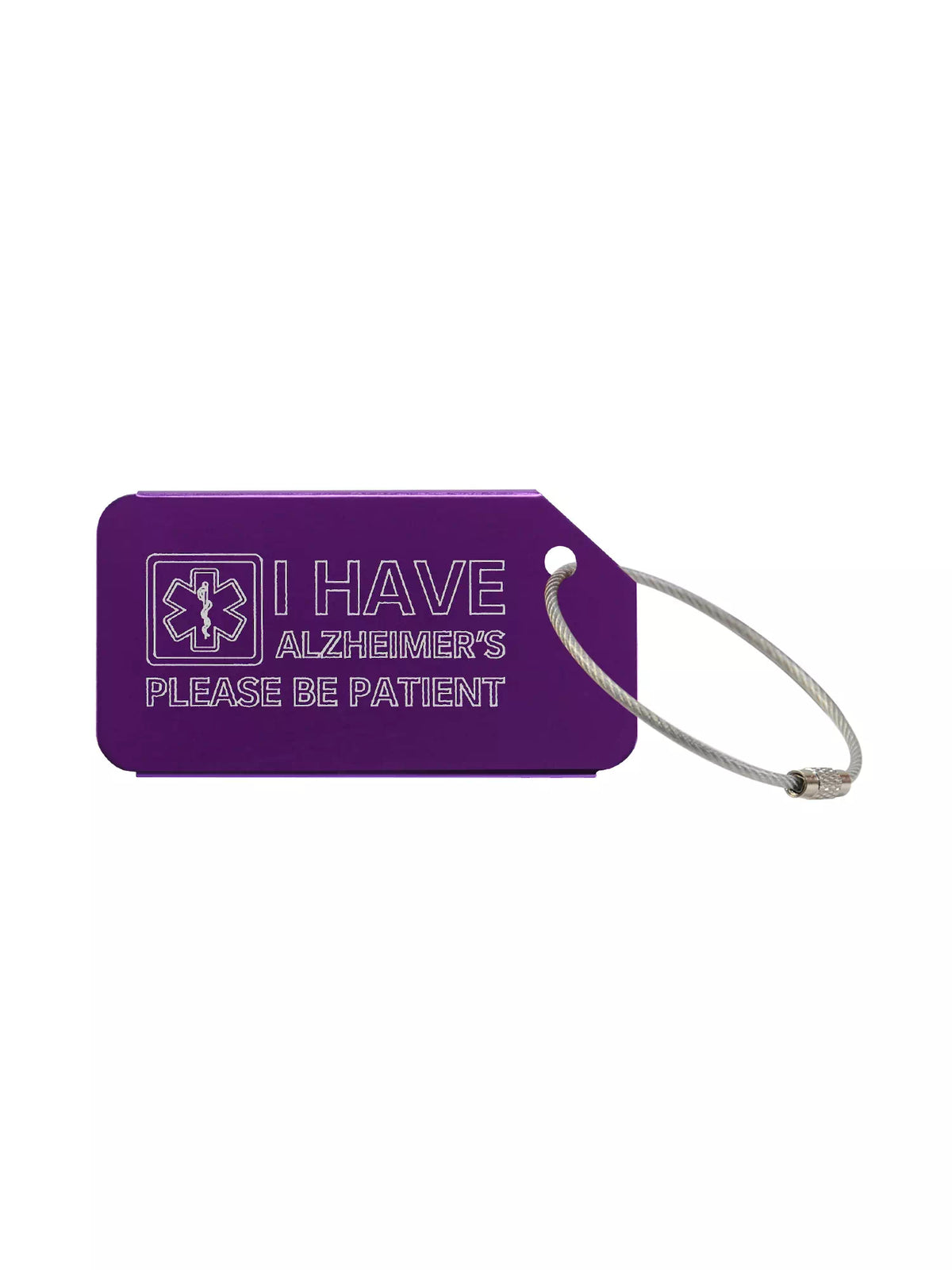 Purple medical luggage tag with the text 'I Have Alzheimer's Please Be Patient' engraved.