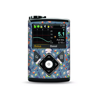 Medtronic MiniMed insulin pump with Halloween-themed stickers featuring bats, pumpkins, and ghosts.