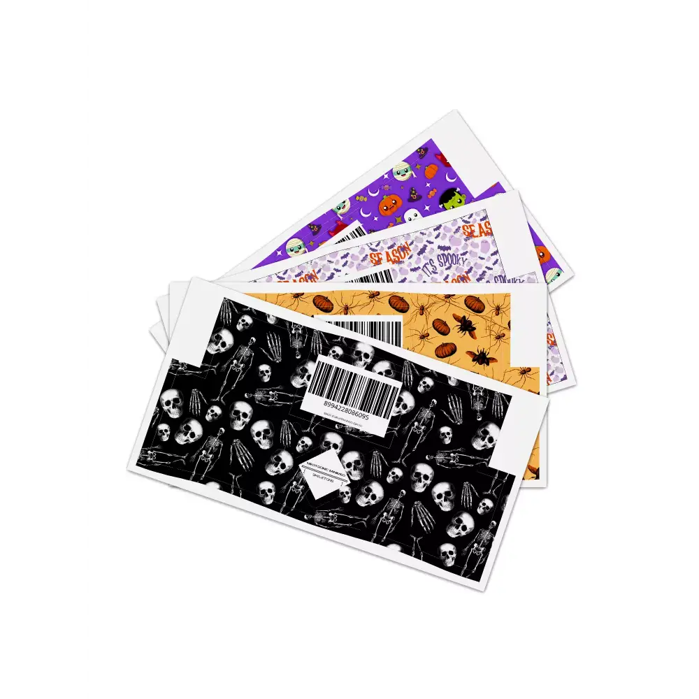 Medtronic Pump Stickers Sheets - Assorted designs including Halloween creatures, 'It's Spooky Season' text with bats, and spider web patterns on colorful backgrounds.
