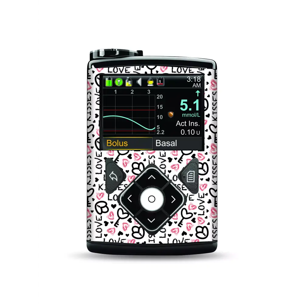 Medtronic MiniMed insulin pump with Valentine 2025 style stickers, featuring love and heart motifs.