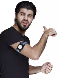 Simplera Sync Sensor Armband with Rotating Clip, Dia-Style graphic design, worn on a man's arm.