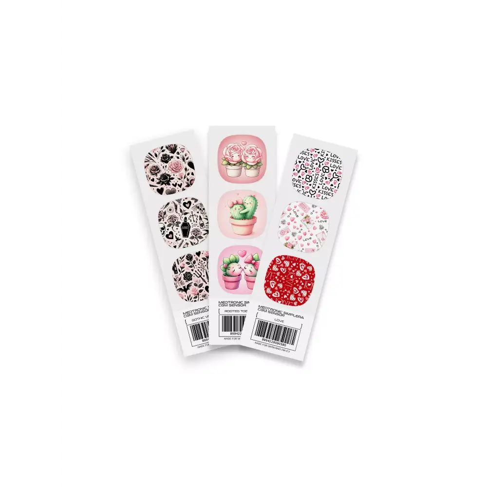 Valentine-themed Medtronic Simplera Stickers featuring love, plant motifs, and gothic patterns.