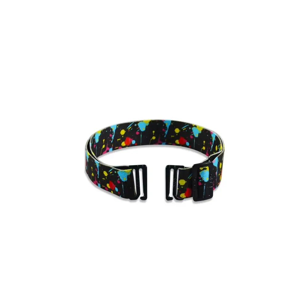 Adjustable belt for insulin pump pouches with colorful design and metallic hooks.