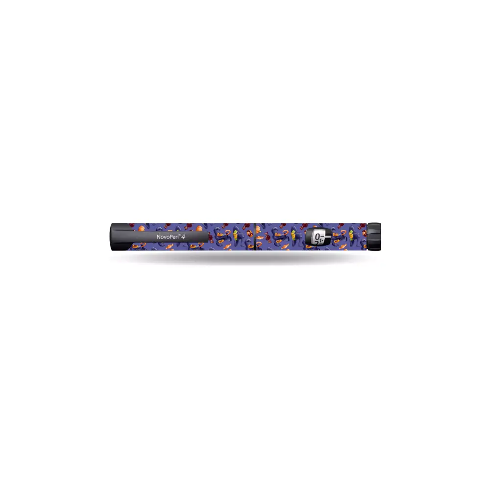Novopen Echo insulin pen with Halloween-themed spooky stickers featuring shadowy figures and eerie nightscapes