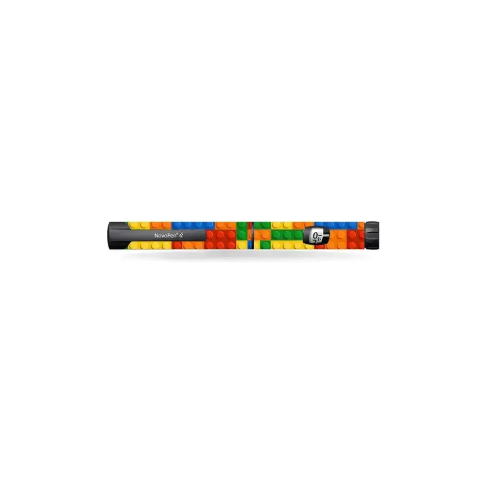 Novopen Echo insulin pen with colorful, kid-friendly decorative stickers from the Summer Vibes series, featuring playful patterns.