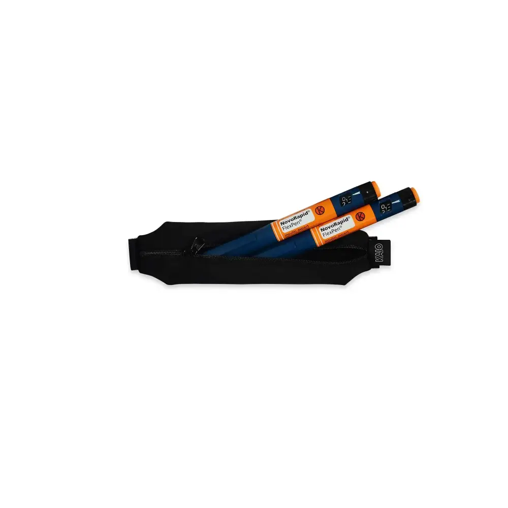 Black extended-length insulin pen and diabetes supply holder pouch with zipper closure containing two insulin pens.